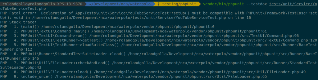 PHPUnit setup() compatible error