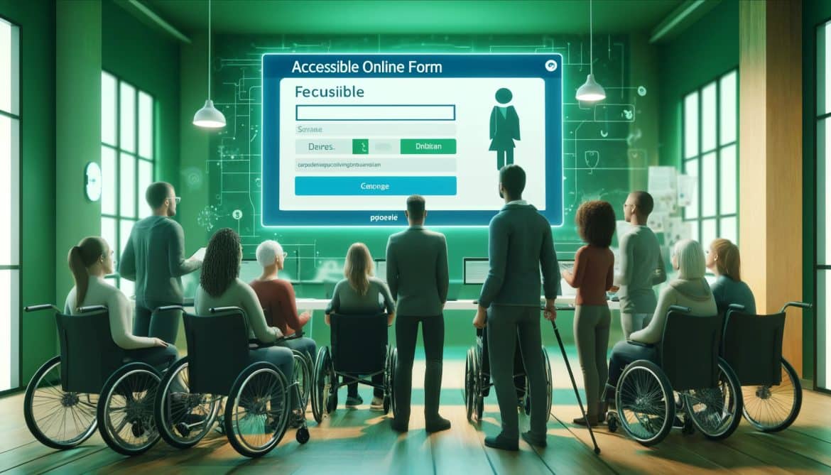 Eine Gruppe von Menschen, darunter einige im Rollstuhl, sitzt oder steht vor einem großen Bildschirm, der ein Online-Formular zeigt. Der Bildschirm ist in Grün- und Blautönen gehalten und zeigt den Text "Accessible Online Form" und verschiedene Eingabefelder. Die Umgebung wirkt futuristisch und technisch, mit vielen Details und Symbolen im Hintergrund.