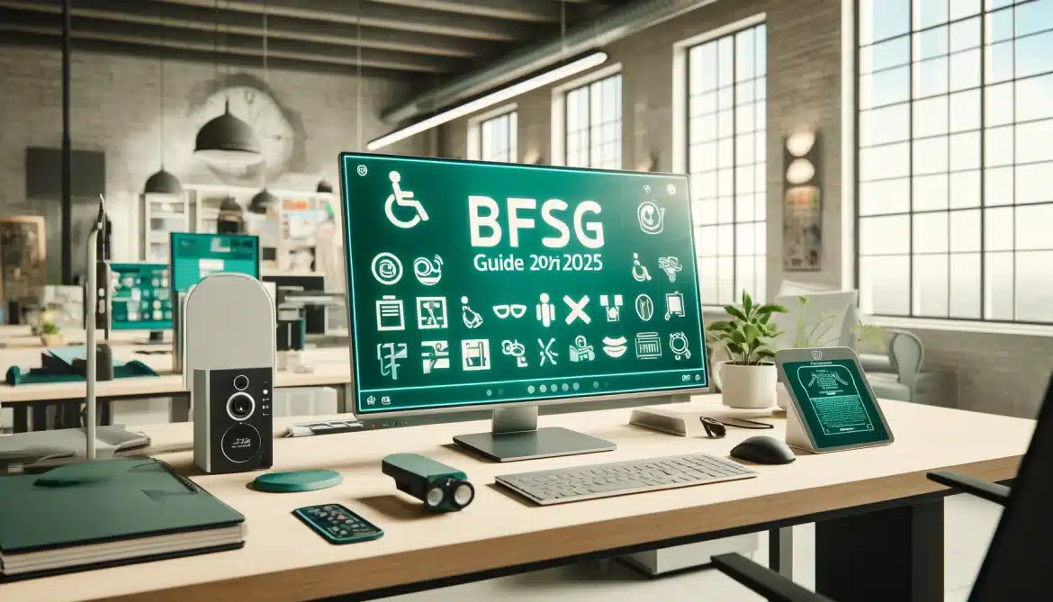 in moderner Arbeitsplatz mit einem großen Bildschirm, der die Aufschrift "BFSG Guide 2025" zeigt. Auf dem Bildschirm sind verschiedene Symbole für Barrierefreiheit zu sehen. Der Schreibtisch ist ordentlich mit mehreren technischen Geräten, und im Hintergrund sind große Fenster und eine industrielle Umgebung sichtbar.