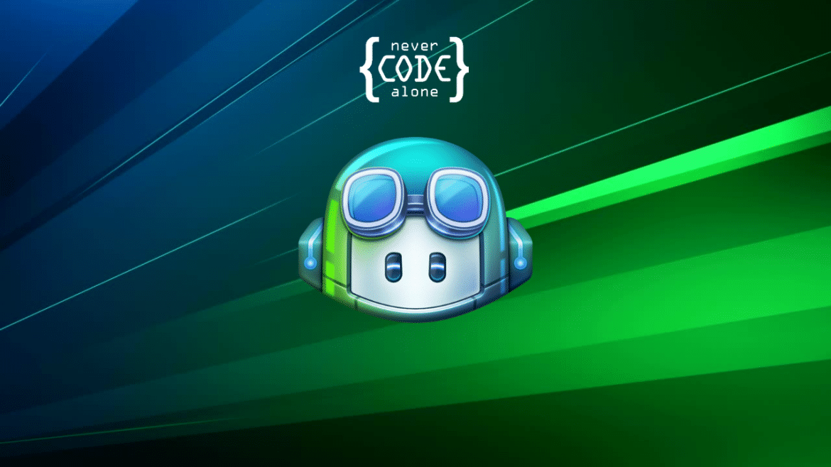 GitHub Copilot Logo und Never Code Alone Logo auf einem blau-grünen Hintergrund.