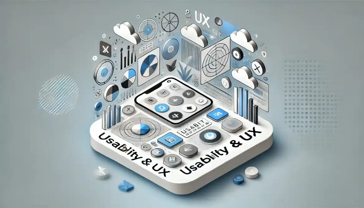 Illustration eines modernen digitalen Interface-Designs mit abstrakten Formen und Icons, die verschiedene Aspekte der Usability und UX darstellen. Zu sehen sind Symbole wie ein Computerbildschirm, Touch-Interface, Diagramme und andere Design-Elemente in sanften Blau-, Weiß- und Grautönen. Der Text 'Usability & UX' ist in einer klaren, modernen Schrift integriert.