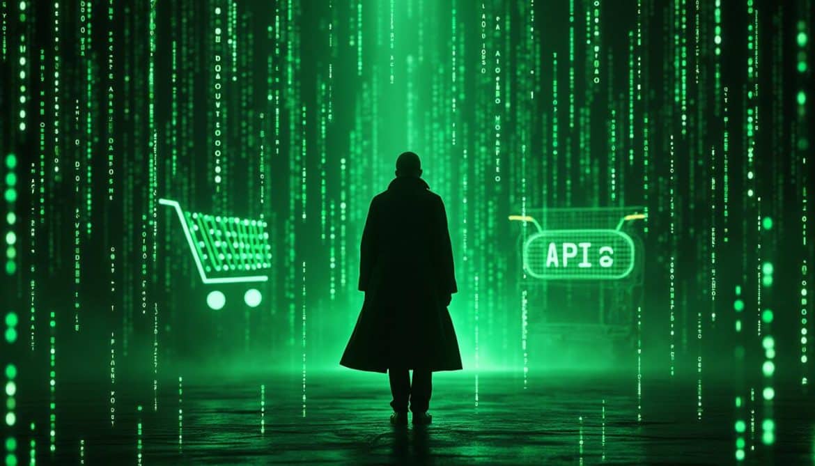 Matrix Rain mit Neo und einem Ecommerce und API zeichen Matrix Rain mit Neo und einem Ecommerce und API zeichen