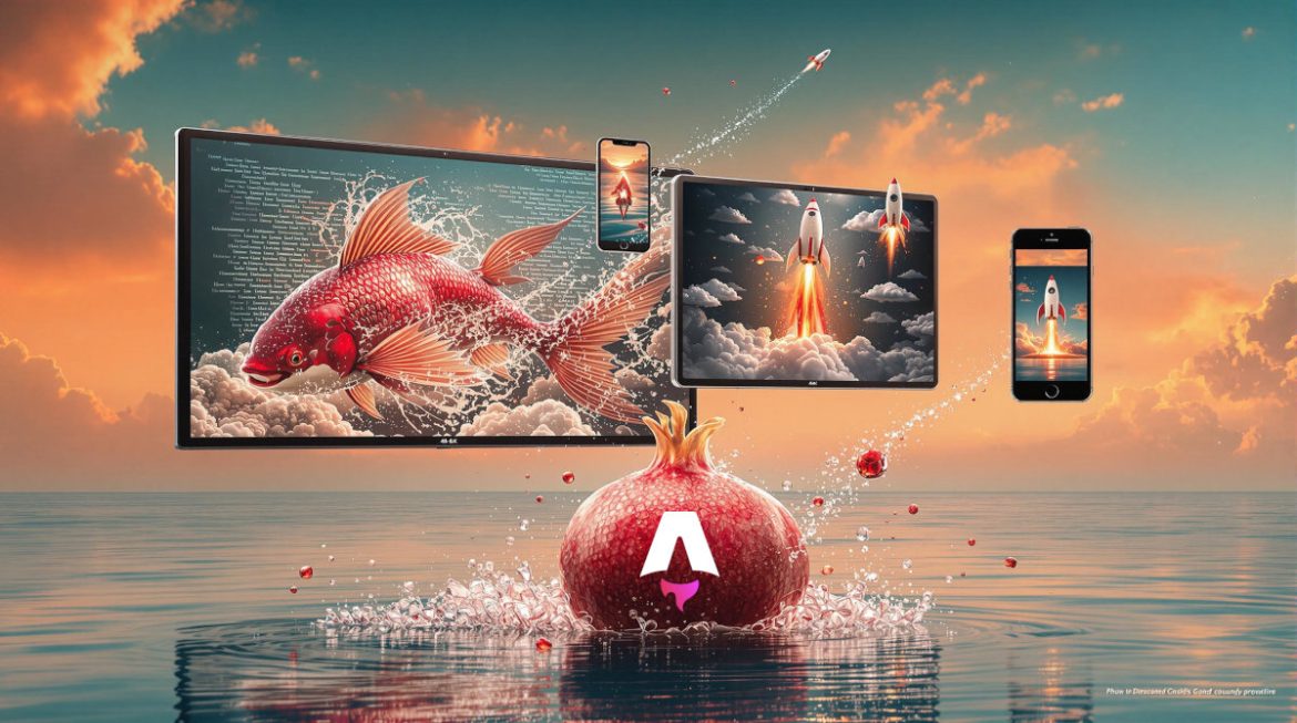Surreale Traumszene inspiriert von Dalí: Ein roter Koi-Fisch durchbricht einen 4K-Monitor mit sichtbarem Code, während Raketen auf Tablets und Smartphones in verschiedenen responsive Ansichten starten. Ein aufplatzender Granatapfel im Vordergrund verbindet die automatische Bildoptimierung mit der responsiven Darstellung. Türkis-orangefarbener Himmel spiegelt sich im Wasser. Surreale Traumszene inspiriert von Dalí: Ein roter Koi-Fisch durchbricht einen 4K-Monitor mit sichtbarem Code, während Raketen auf Tablets und Smartphones in verschiedenen responsive Ansichten starten. Ein aufplatzender Granatapfel im Vordergrund verbindet die automatische Bildoptimierung mit der responsiven Darstellung. Türkis-orangefarbener Himmel spiegelt sich im Wasser.