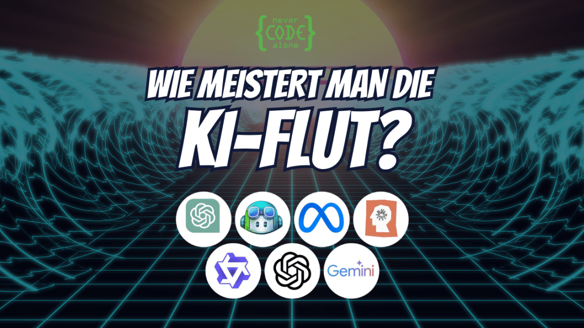Logos von Large-Language Modellen wie ChatGPT, Claude, Gemini und vielen weiteren im Hintergrund sind Flutwellen.