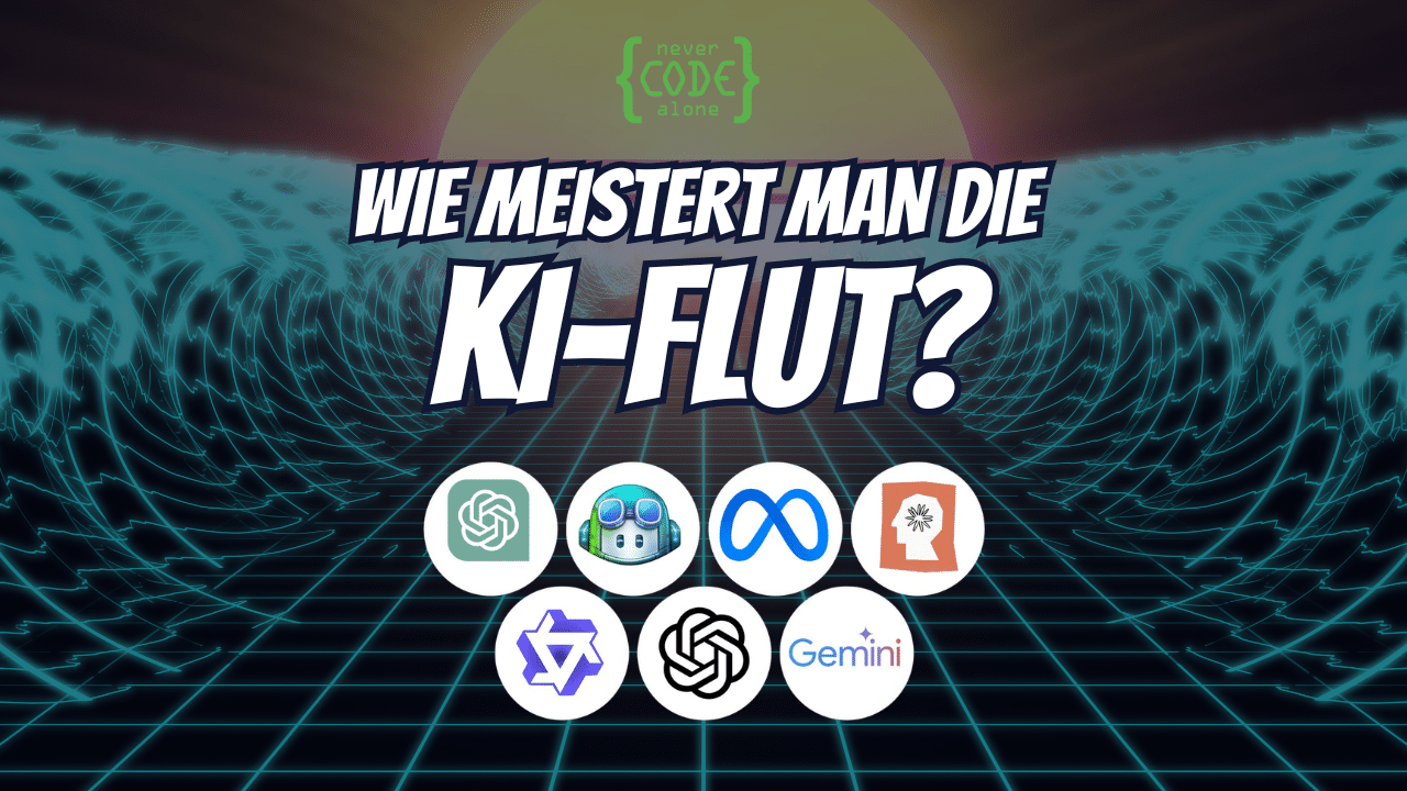 Logos von Large-Language Modellen wie ChatGPT, Claude, Gemini und vielen weiteren im Hintergrund sind Flutwellen.