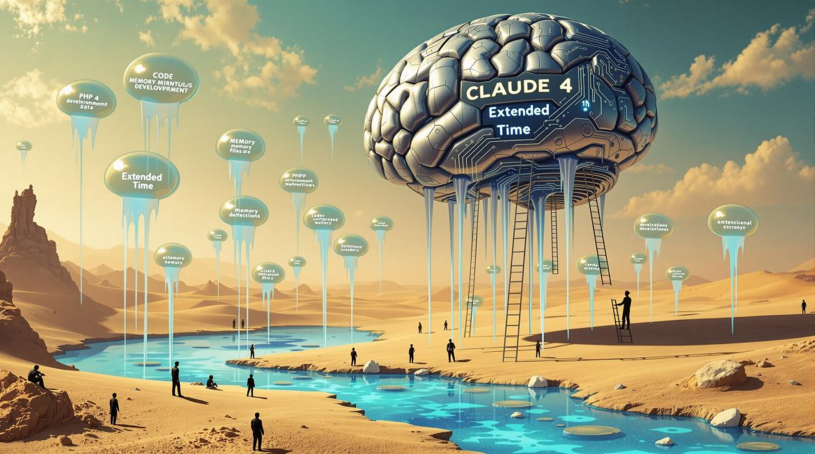 Dalí-Stil: Schwebendes Claude 4-Gehirn über Wüste mit Code.