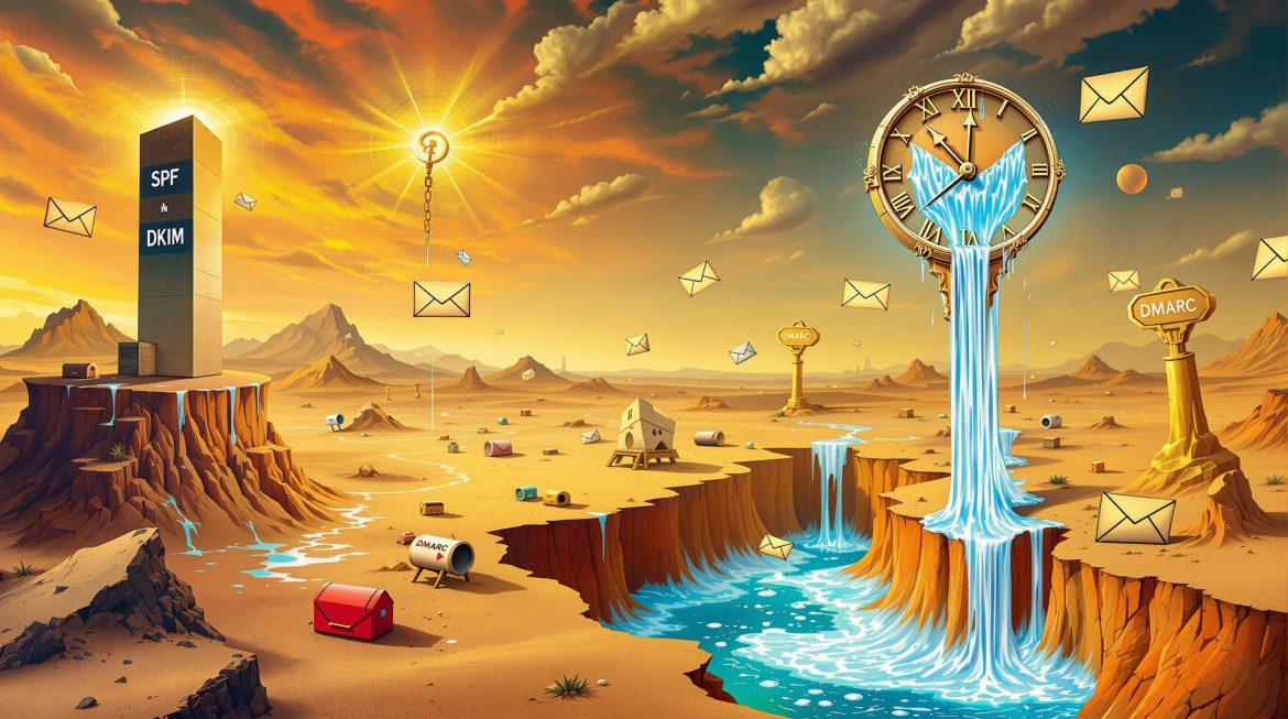 Surreales Wüstenbild mit SPF/DKIM-Turm und schmelzender DMARC-Uhr.