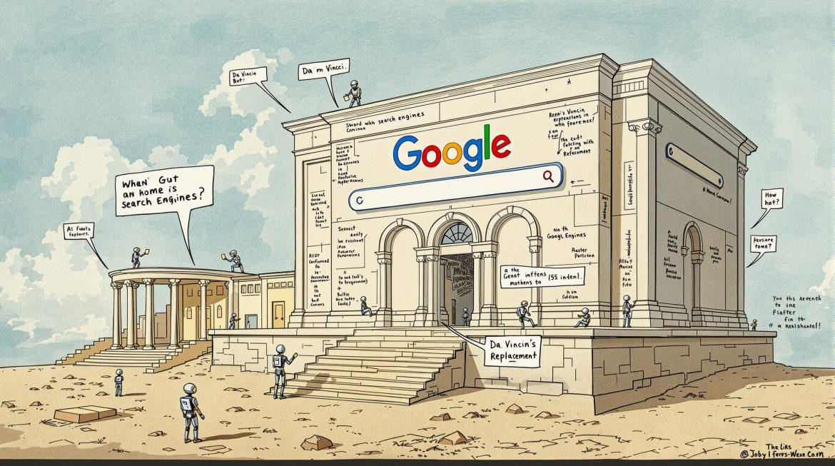 Da-Vinci-Zeichnung eines Google-Tempels mit kleinen KI-Robotern als Besucher.