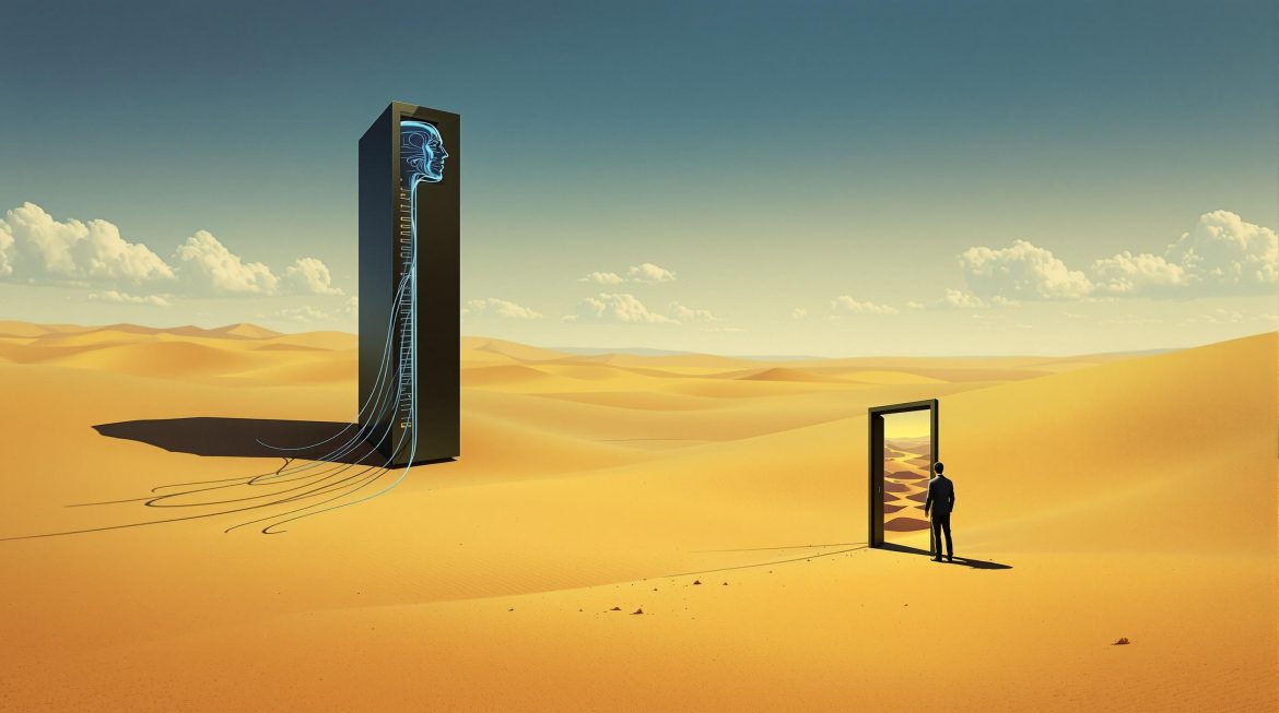Surrealistisches Bild: Ein hoher schwarzer Server mit digitalem Kopfprofil in einer goldenen Wüste. Blaue Datenströme fließen aus dem Server. Ein Mensch steht vor einer freistehenden Tür, die eine andere Landschaft zeigt. Das Bild symbolisiert Headless CMS und digitale Transformation.