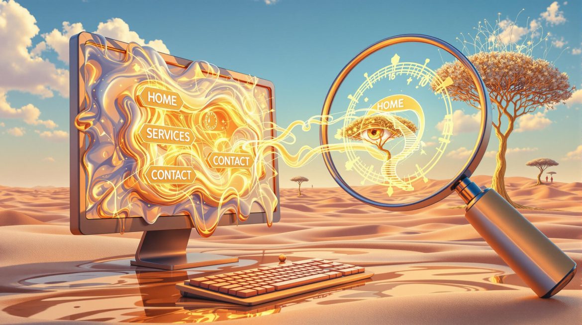 Monitor mit schmelzender Navigation, Lupe zeigt Barrierefreiheit-Features