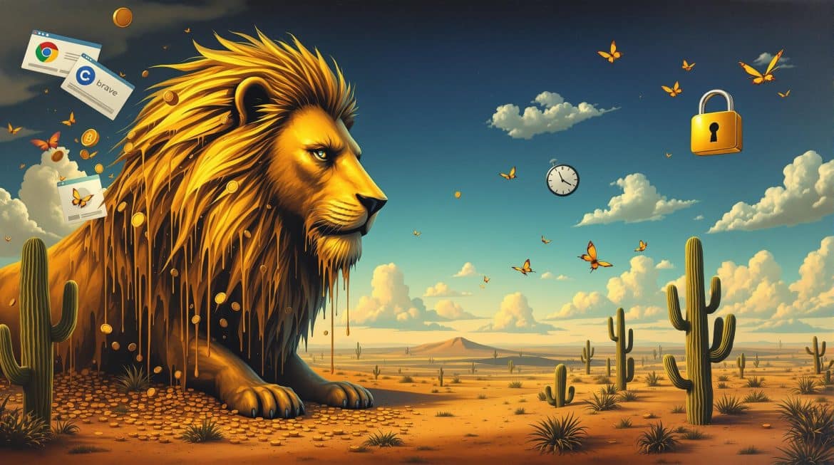 Goldener Löwe mit Krypto-Münzen in Wüstenlandschaft, Browser-Logos schweben
