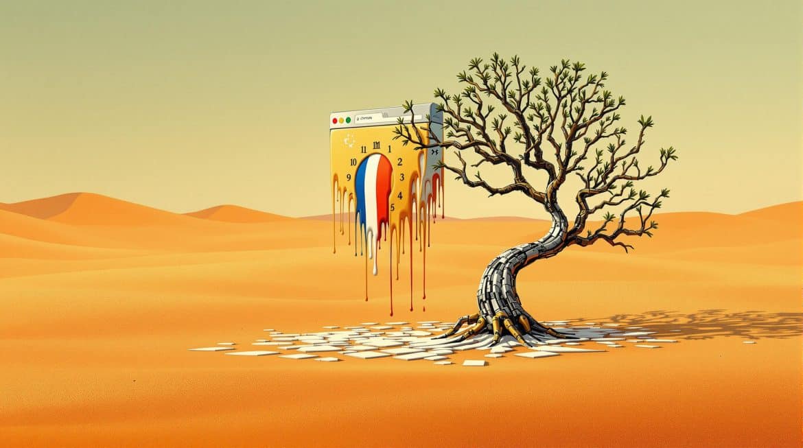 Surrealistische Kunst: Schmelzender Browser mit Flaggen-Uhr, Zypresse auf Tastatur