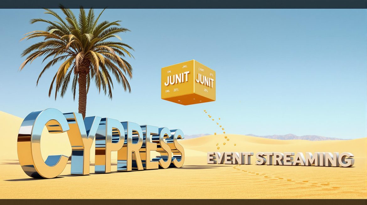 Cypress JUnit Event Streaming integration in desert with floating cube and data flow