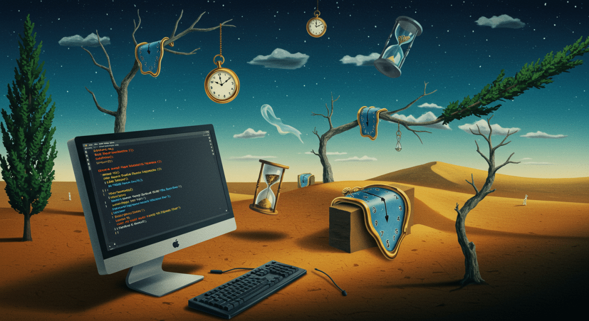 Surreales Dalí-Bild: Schmelzende Uhren, iMac mit Cypress-Code in Wüstenlandschaft