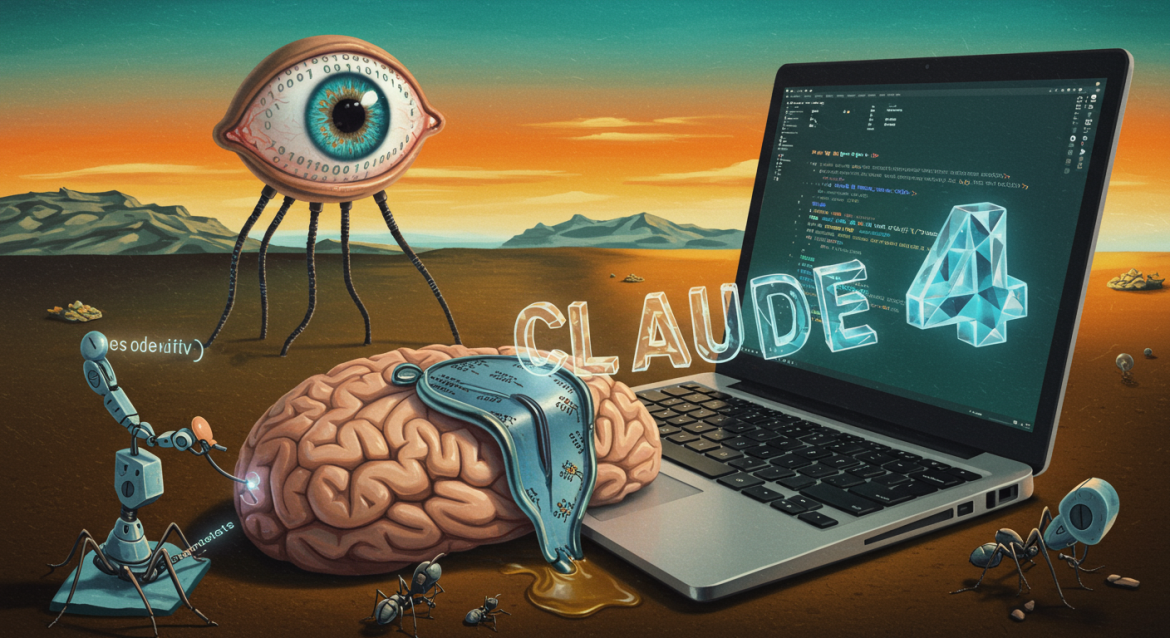 Surreales Dalí-Bild: Auge aus Code beobachtet schmelzenden Laptop mit Gehirn
