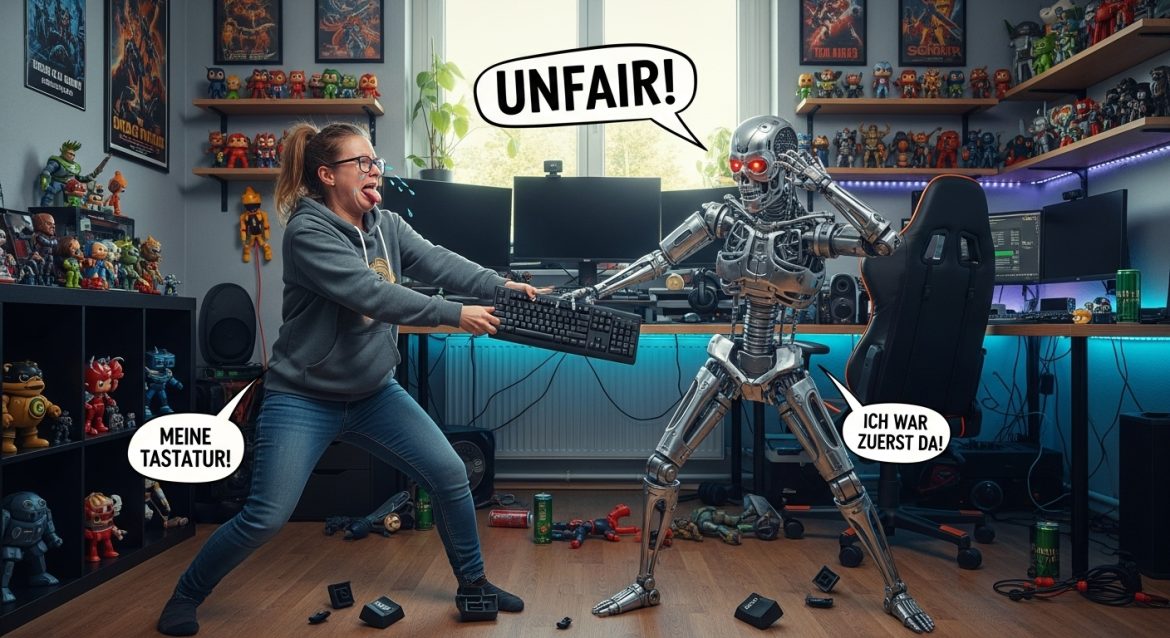 Entwicklerin kämpft mit Roboter um Tastatur im Nerd-Home-Office voller Figuren