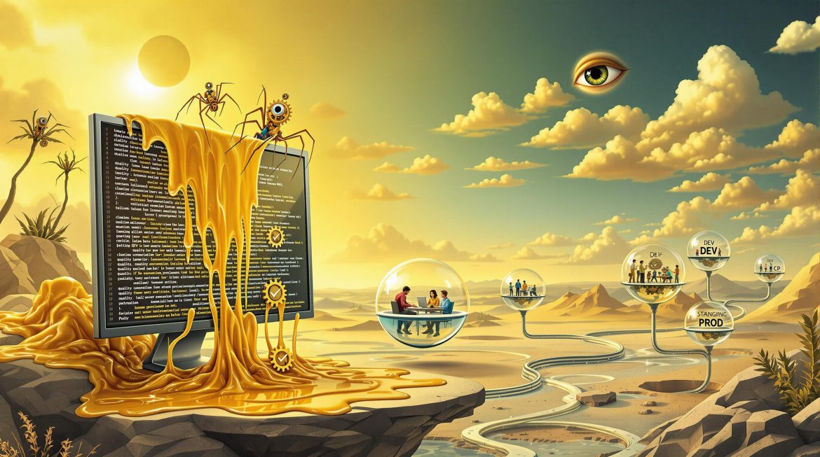 Dalí-Stil: Schmelzender Monitor, Glas-Orbs, goldene Landschaft