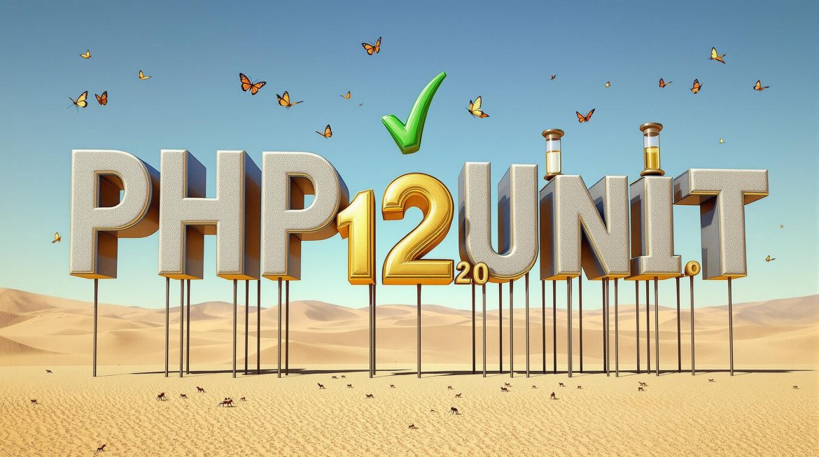 PHPUnit 12.2.0 Logo auf Dalí-Beinen in Wüste mit XML-Schmetterlingen