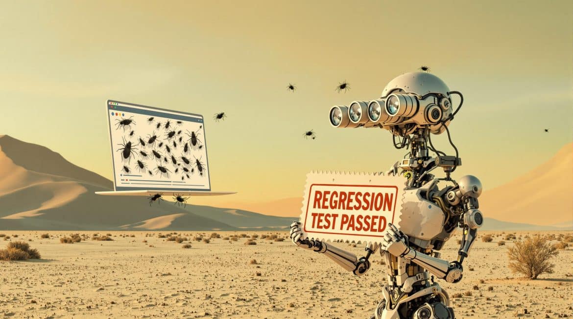 Roboter mit Teleskop-Augen prüft Website voller Bugs, Stempel: Test bestanden