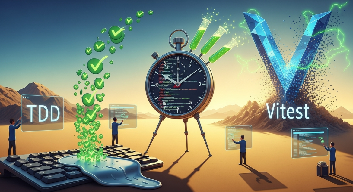 TDD Workflow: Entwickler schreiben Tests, Stoppuhr zeigt Zeit, Vitest LogoWiederholenClaude kann Fehler machen. Bitte überprüfen Sie die Antworten.