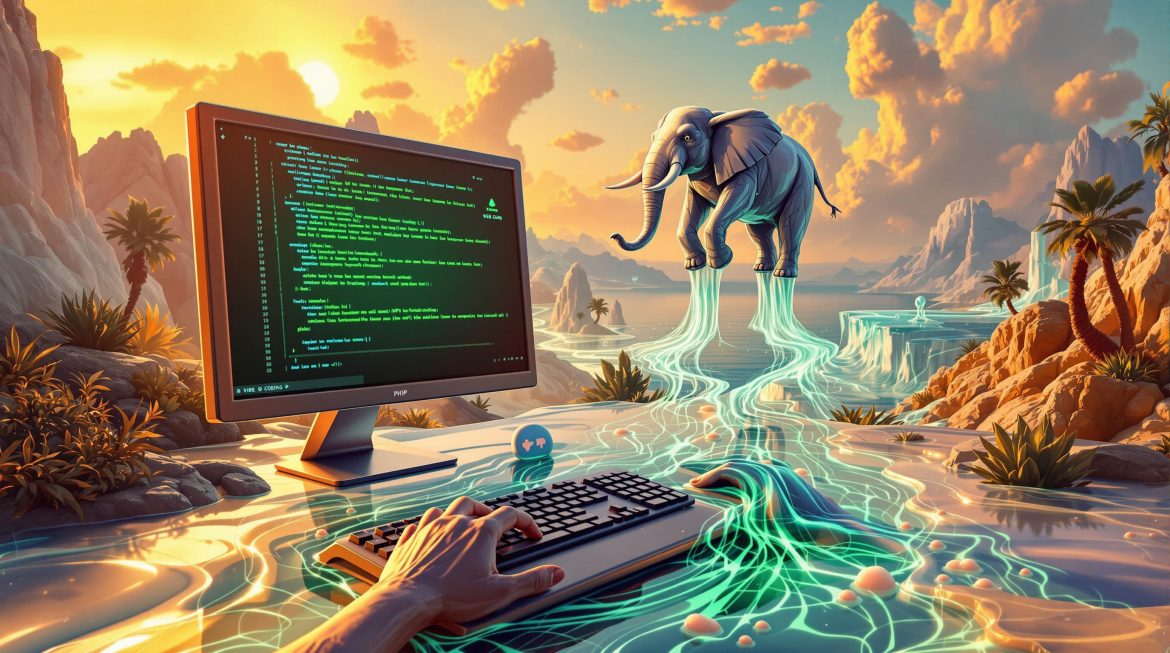Entwicklerhände an Tastatur mit grünen Code-Strömen, PHP Elefant auf kristallinen Beinen, surreale Coding-Landschaft