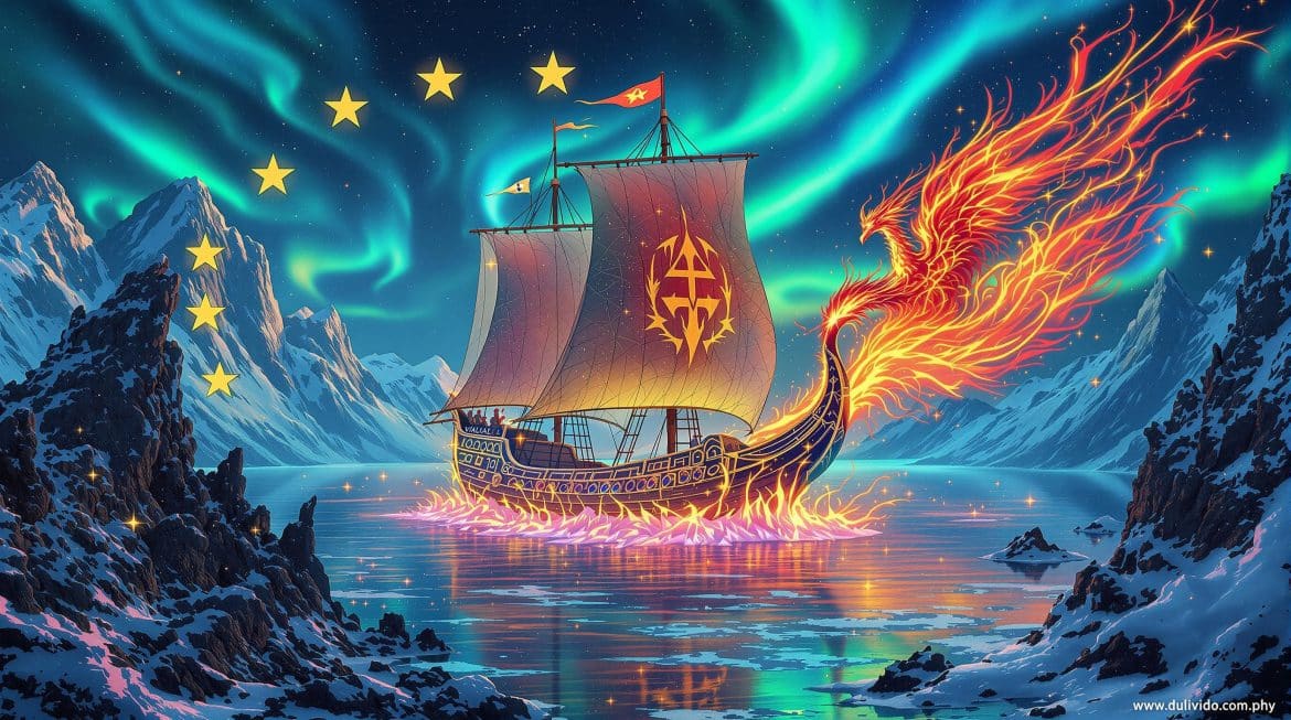 Vivaldi Browser Wikingerschiff mit Phoenix-Logo unter Nordlichtern in Norwegen