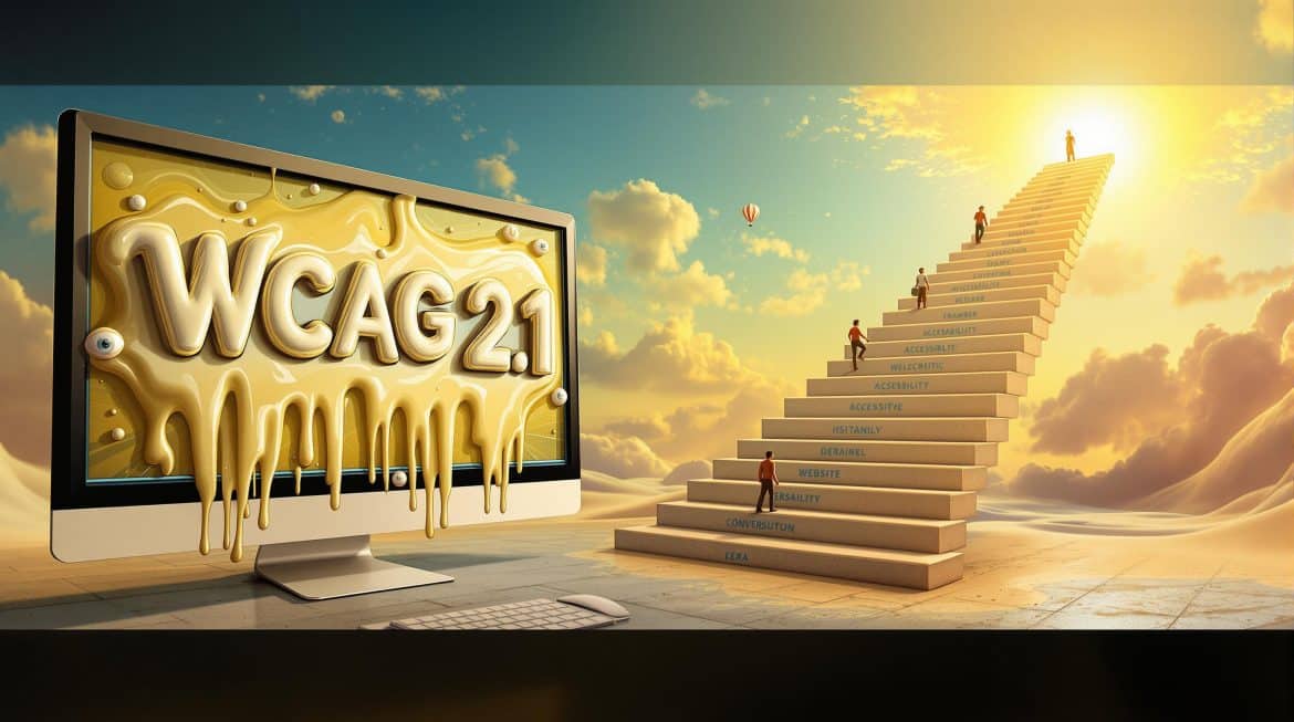 Schmelzender Monitor zeigt WCAG 2.1, Treppe zu Barrierefreiheit