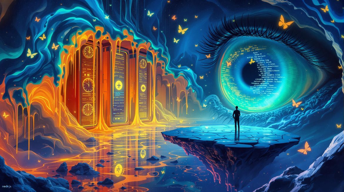 Surreales Bild: Entwickler vor digitalem Auge mit Log-Daten