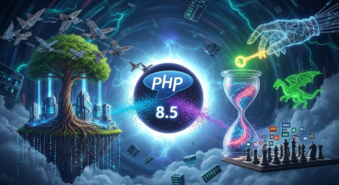 PHP 8.5 Logo mit Sanduhr, Code-Elementen und futuristischer Stadtlandschaft