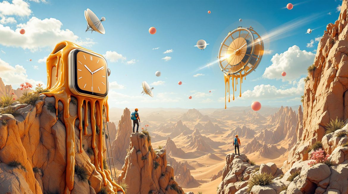 Schmelzende Apple Watch Ultra auf Bergklippe mit Satelliten