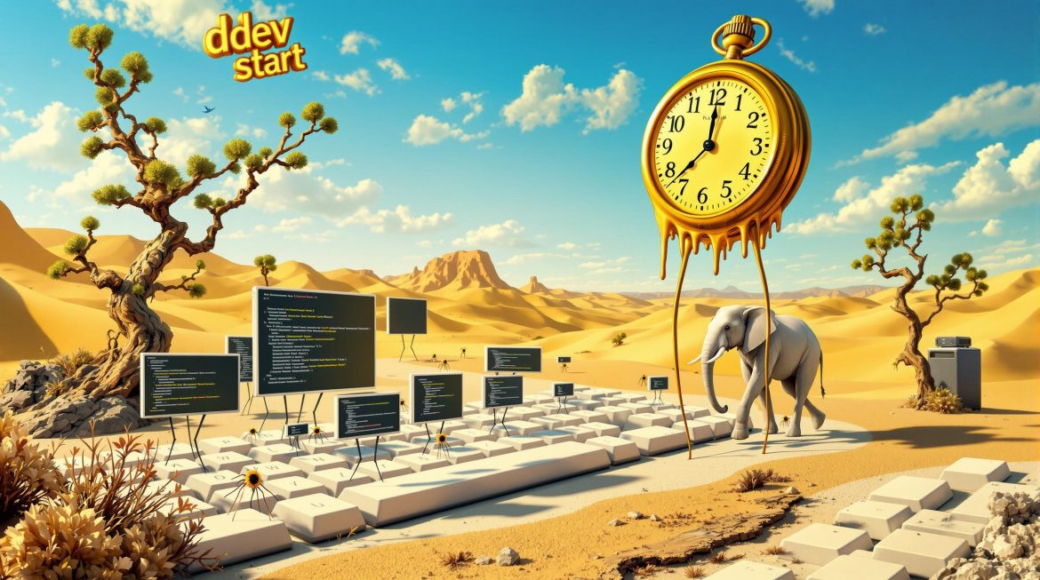 Surreale Wüstenlandschaft mit DDEV Terminals und schmelzender Uhr