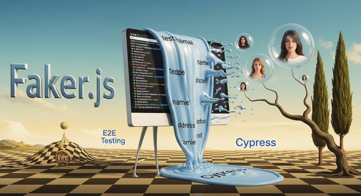 Surreales Dalí-Bild: Schmelzender Monitor mit Cypress-Testdaten und Faker.js Logo