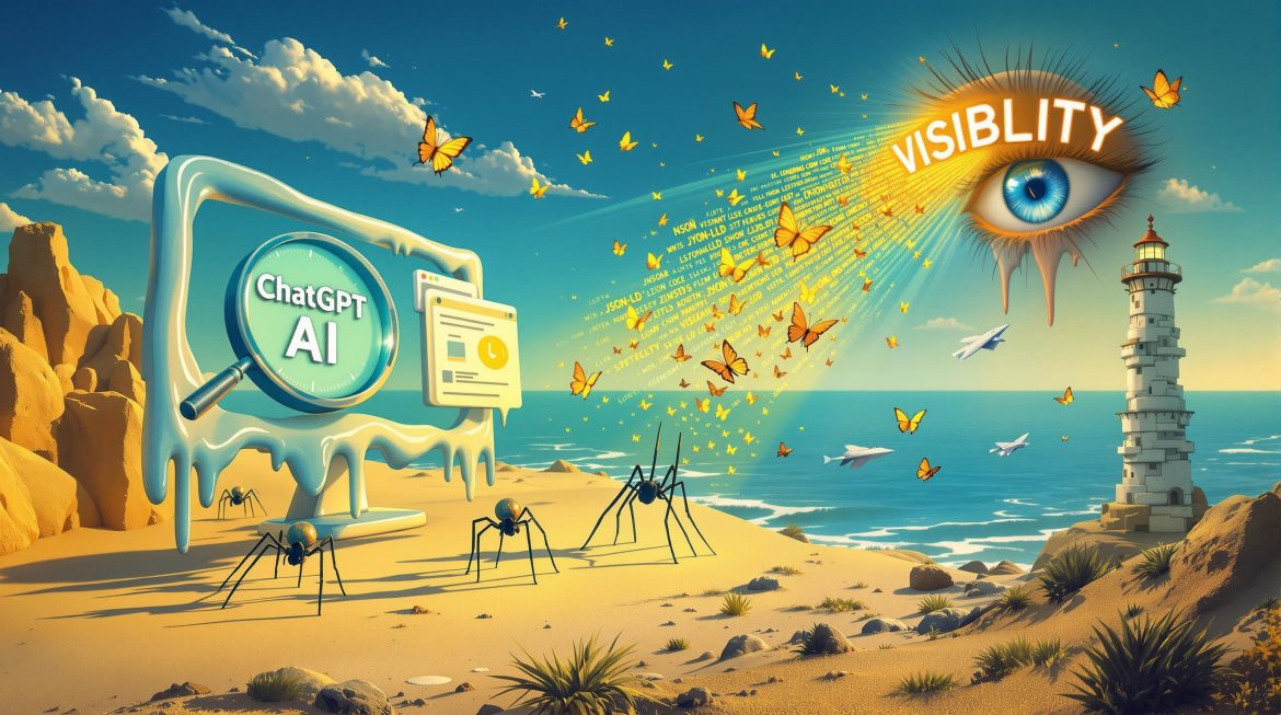 Surreales Bild: ChatGPT-Logo, Schmetterlinge, Auge mit Text