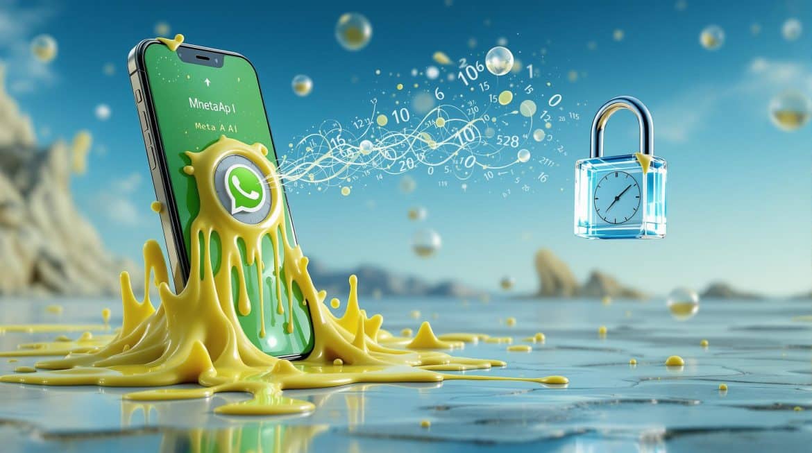 Schmelzendes Smartphone mit WhatsApp-KI Symbol wird zu Datenschutz-Schloss Schmelzendes Smartphone mit WhatsApp-KI Symbol wird zu Datenschutz-Schloss