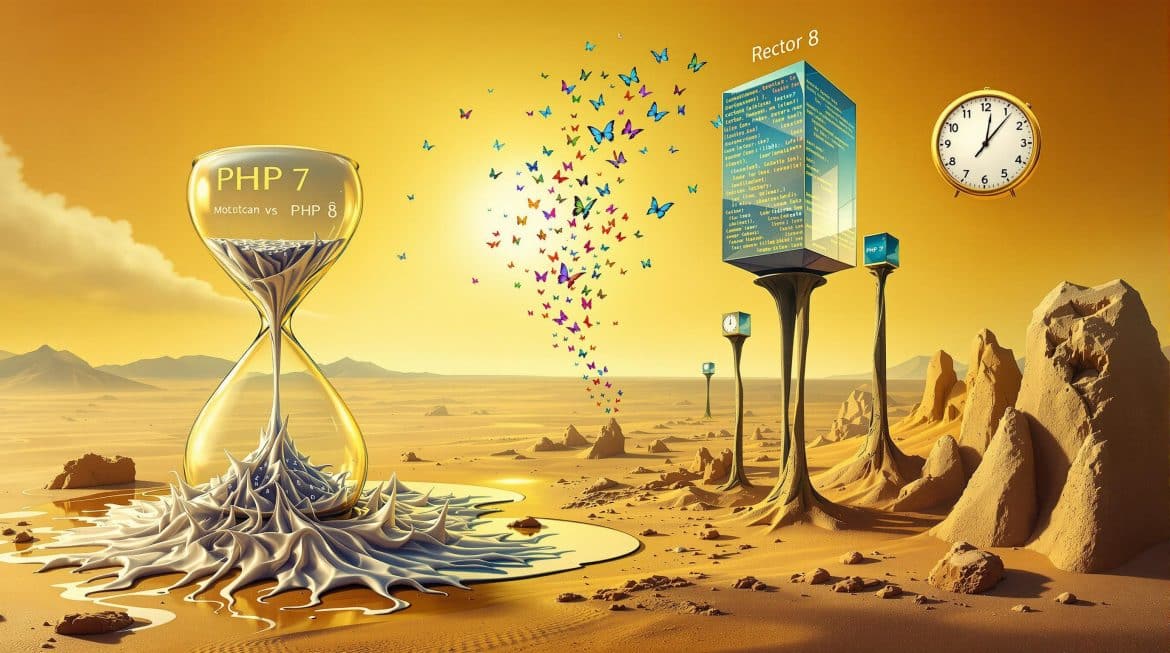 Surreales Bild: PHP 7 schmilzt weg, Rector verwandelt Code zu PHP 8 Kristall