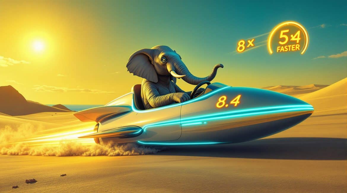 PHP Elefant fährt futuristisches Rocket-Car mit Neon-Lichtern, Speed-Anzeige "5x"