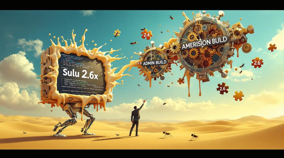 Surrealistische Darstellung eines Sulu CMS Upgrades mit schmelzenden Computern Surrealistische Darstellung eines Sulu CMS Upgrades mit schmelzenden Computern