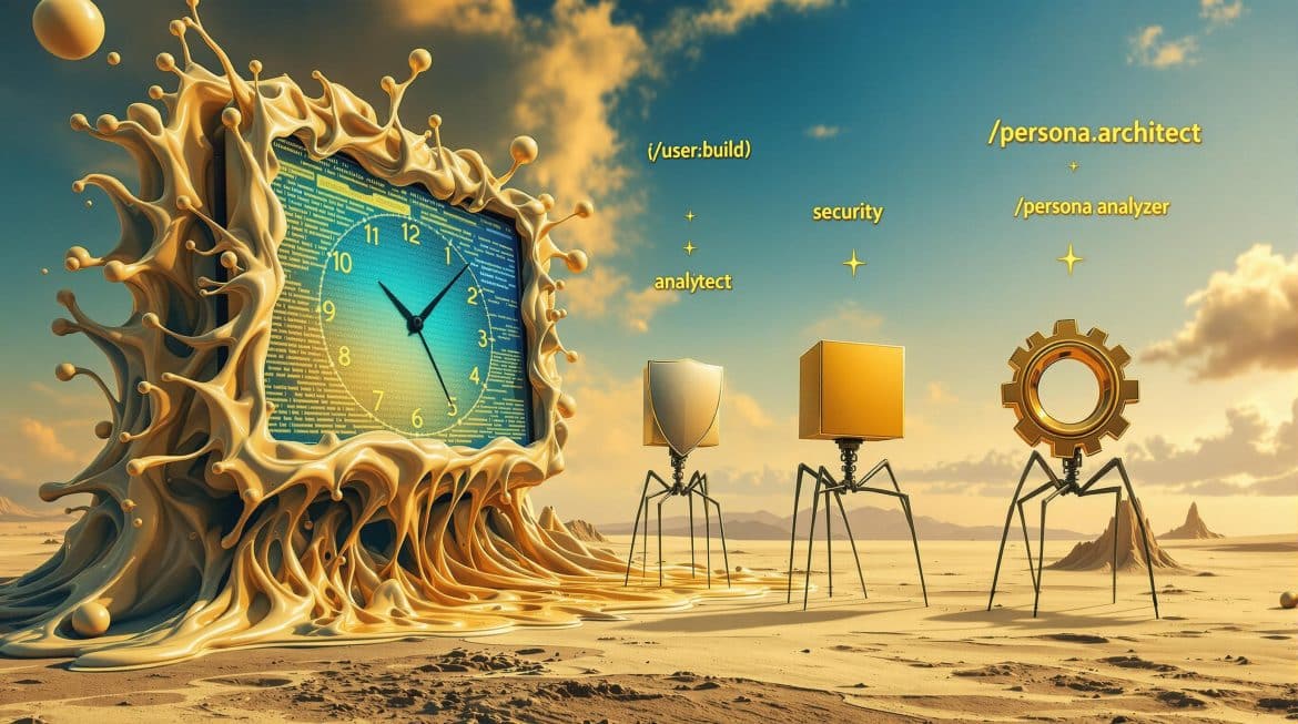 Schmelzende Uhr mit Code wird zu 3 KI-Rollen auf Spinnenbeinen in Wüste