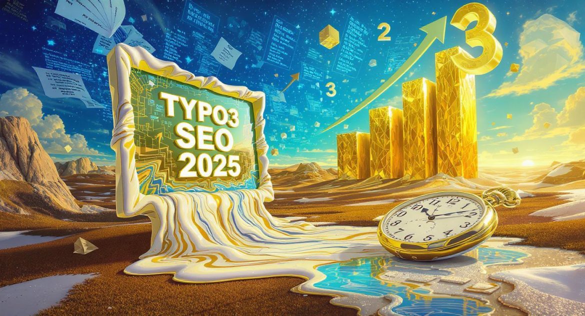Surreales Dalí-Bild: TYPO3 SEO 2025 mit schmelzenden Bildschirm & Rankings