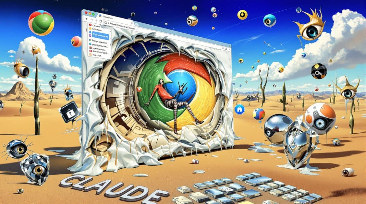 Surreale Darstellung einer AI Browser-Extension im Dalí-Stil mit Chrome-Logo