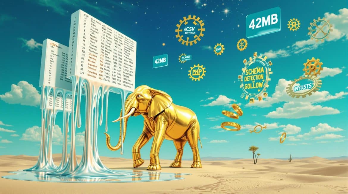 Surreale Darstellung von Flow PHP Datenverarbeitung mit schmelzenden Tabellen