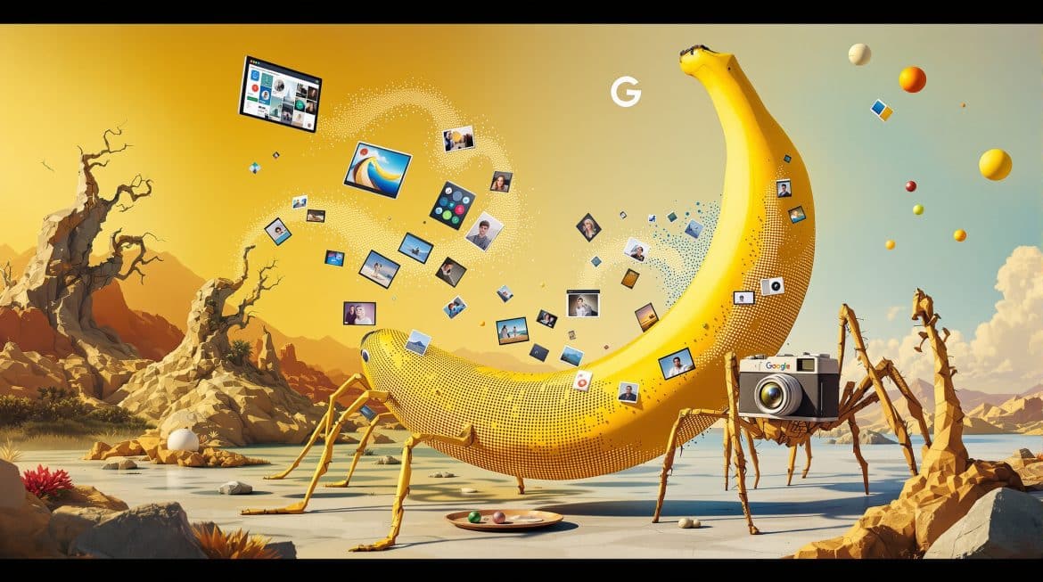 Surreal: Schmelzende goldene Banane wird zu Pixelströmen und Bildschirmen