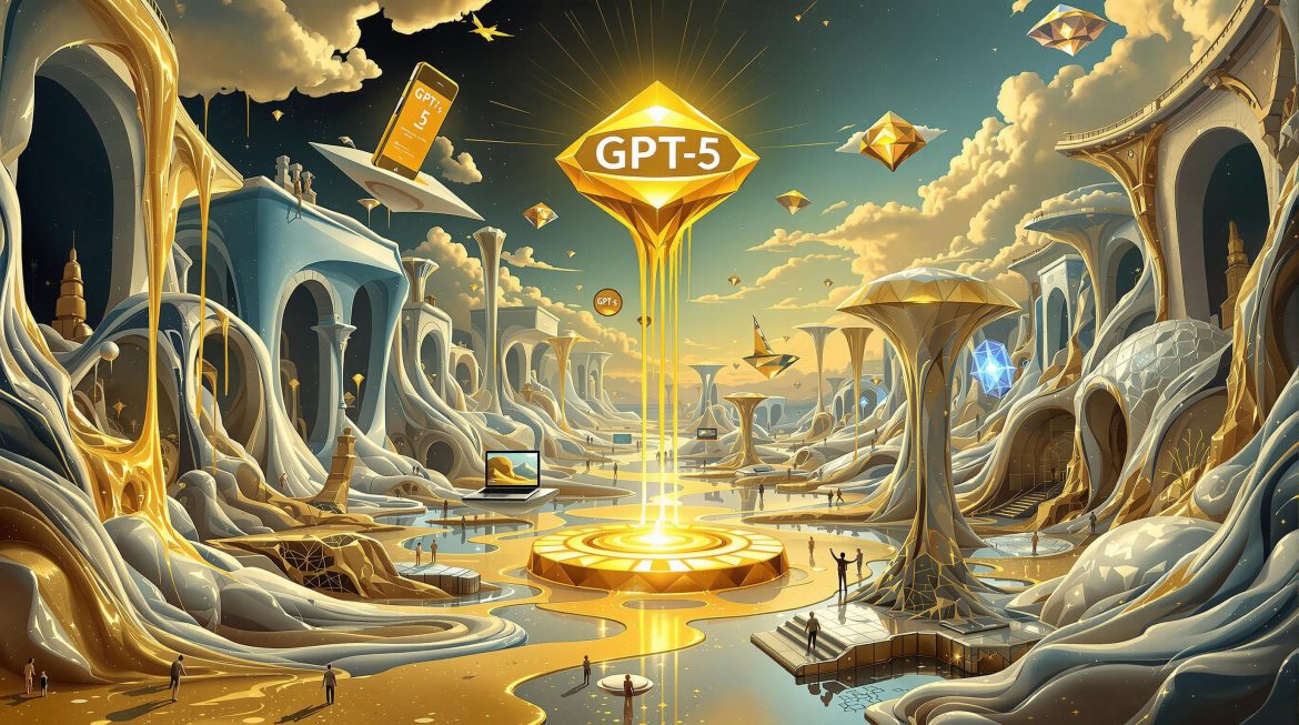 Dalí-Stil: GPT-5 Logo auf vier Beinen über schmelzender Digital-Landschaft
