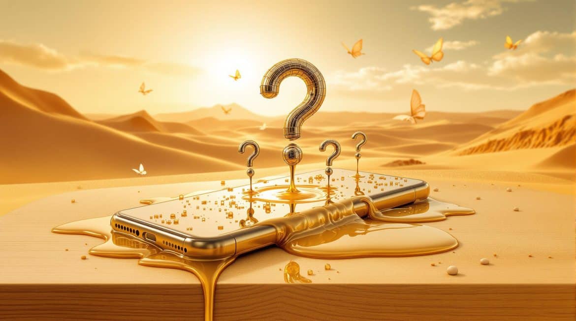 Schmelzendes iPhone 16 Pro in Wüstensand mit FAQ-Symbolen im Dalí-Stil