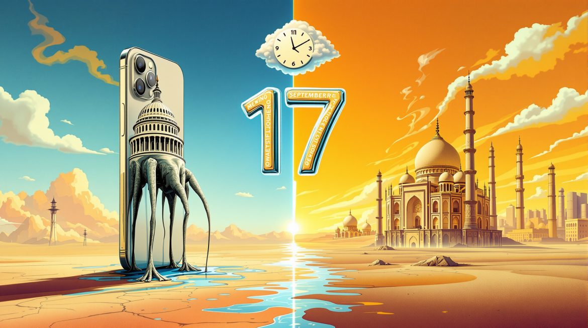 Surreale Darstellung der iPhone 17 Produktion zwischen USA und Indien