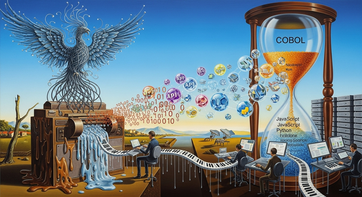 Surreale Darstellung der IT-Modernisierung im Dalí-Stil mit schmelzender Tech