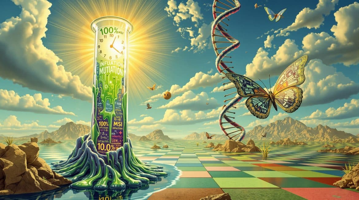 Surreale Darstellung von Mutation Testing: Code-DNA transformiert zu Qualität