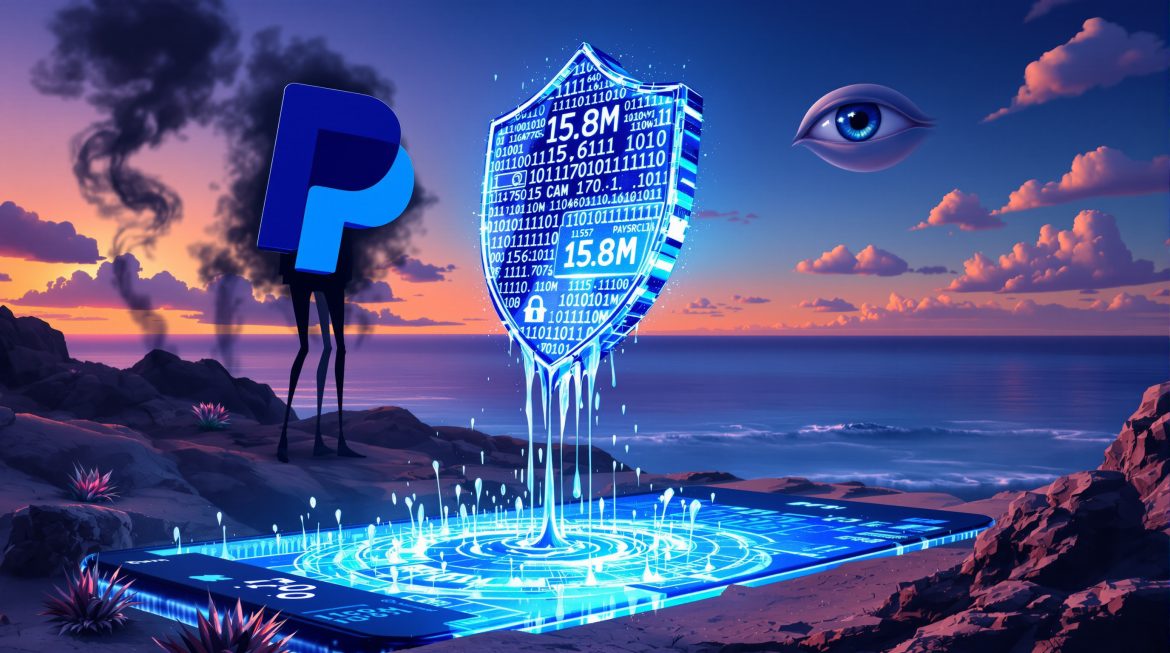 Surreale Darstellung: PayPal-Logo schmilzt zu Schutzschild, Hacker vs Sicherheit