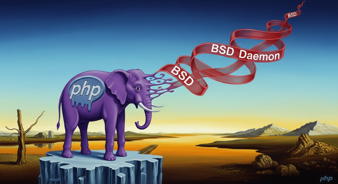 Surreale Darstellung des PHP-Lizenzwechsels zur BSD im Dalí-Stil mit Elefant