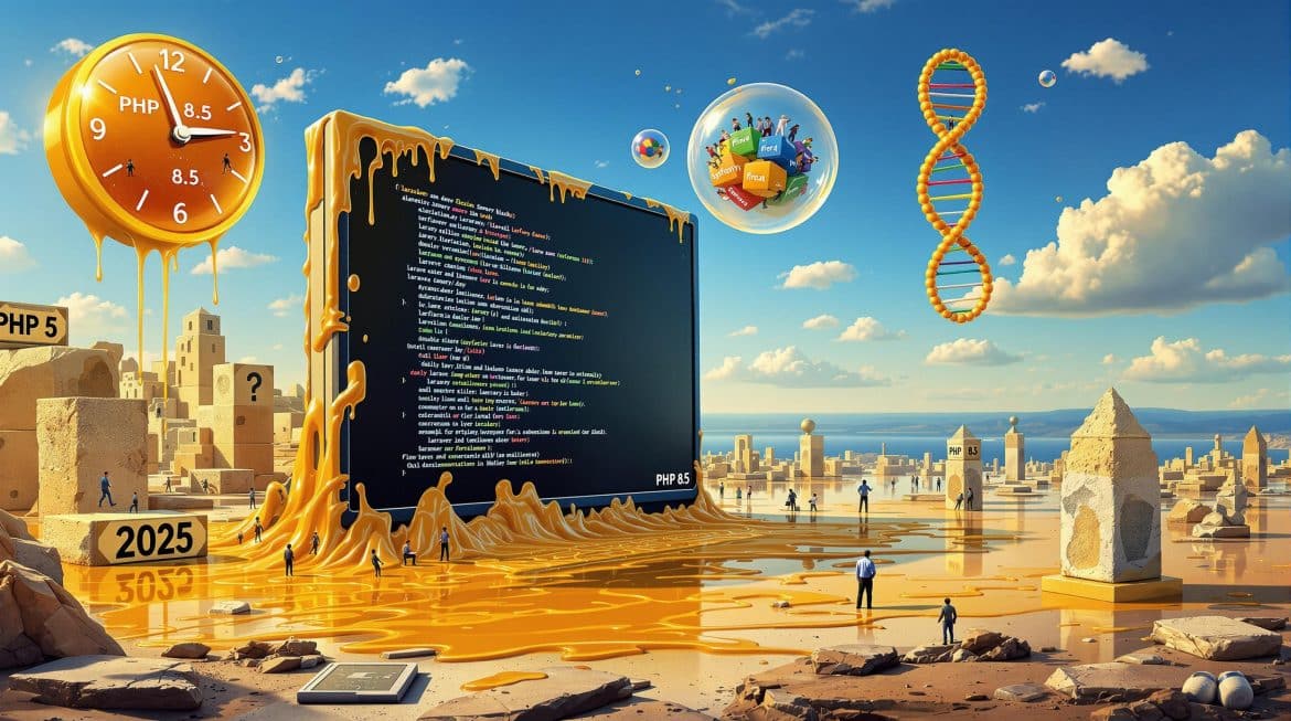 Surreale Darstellung der PHP-Entwicklung 2025 mit Code-Transformationen